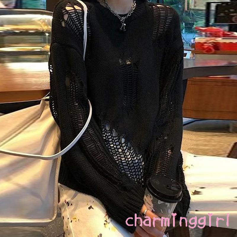 Áo Sweater Dệt Kim Tay Dài Cổ Tròn Màu Trơn Thiết Kế Độc Đáo Thời Trang Cho Nữ