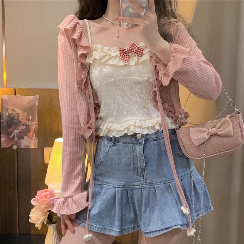 Áo Cardigan Ngắn Chống Nắng Cột Dây Nơ Tai Gỗ Dễ Thương Phong Cách Nhật Bản Cho Nữ