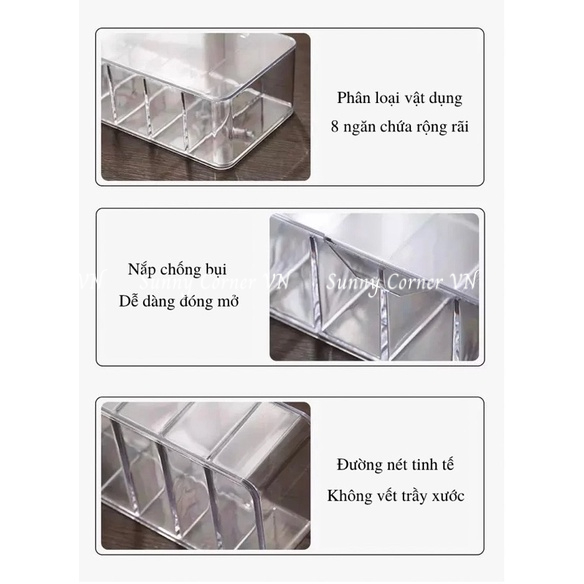 Hộp đựng dây sạc, cáp sạc điện thoại, thiết kế trong suốt chia 8 ngăn có nắp đậy chống bụi
