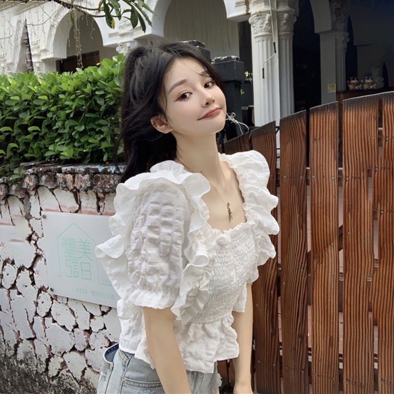 Áo Kiểu Tay Phồng Cổ Vuông Xếp Ly Phong Cách Pháp Thời Trang Hè Cho Nữ