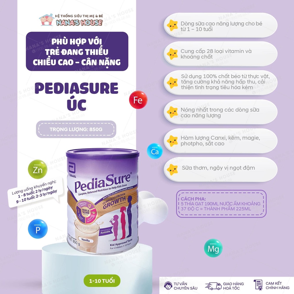 Sữa Bột Pediasure Úc 850g - Pediasure Nắp Tím - Hàng Úc