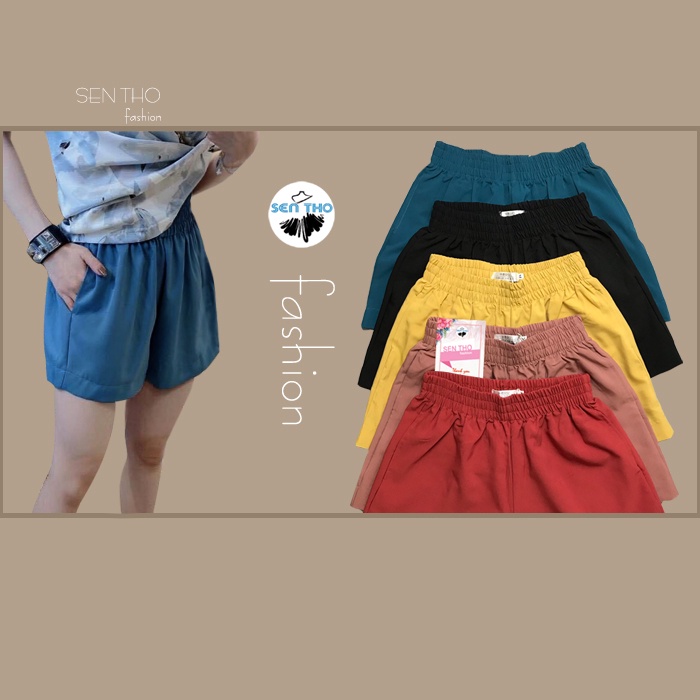 Quần Sooc Bồng Nữ Cạp Chun Năng Động Vải Co Giãn Tốt Short Thể Thao Kiểu Trơn Màu Đen Vàng Đỏ Xanh