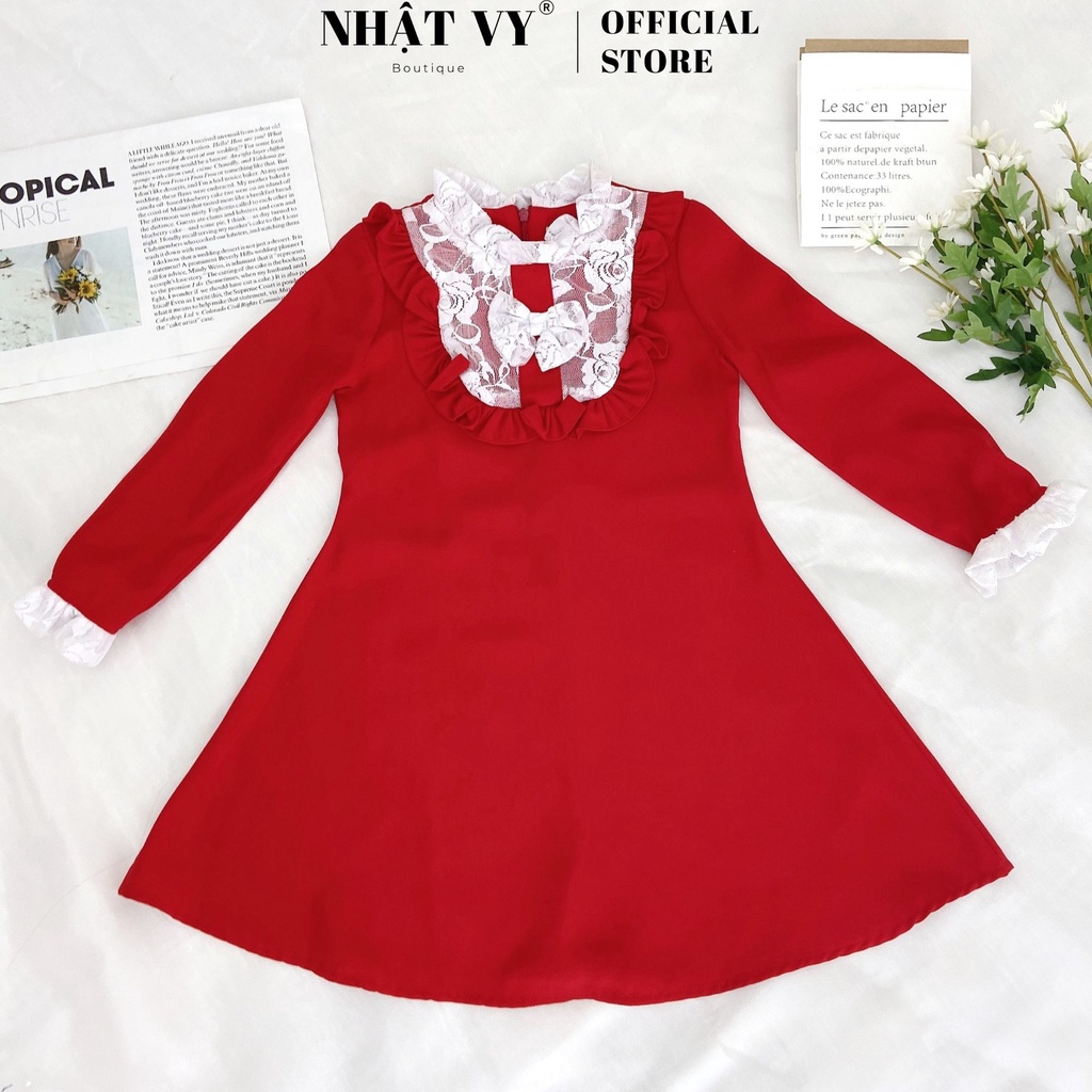 Đầm Bé NHẬT VY Tay Dài Nơ Ren Chất Cotton Dáng Suông Màu Hồng, Đỏ - M12