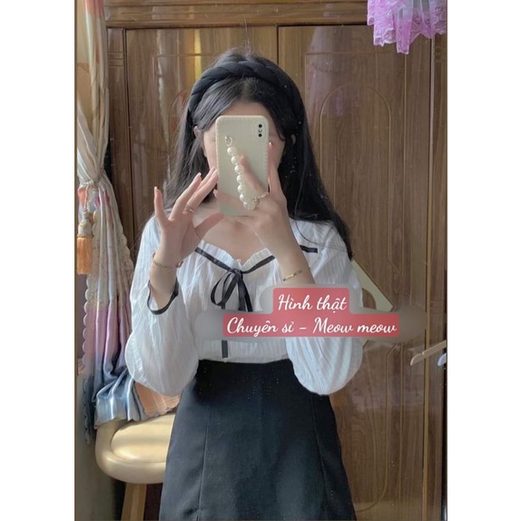 Áo sơ mi tiểu thư cổ vuông cột nơ Quảng Châu Meow meow