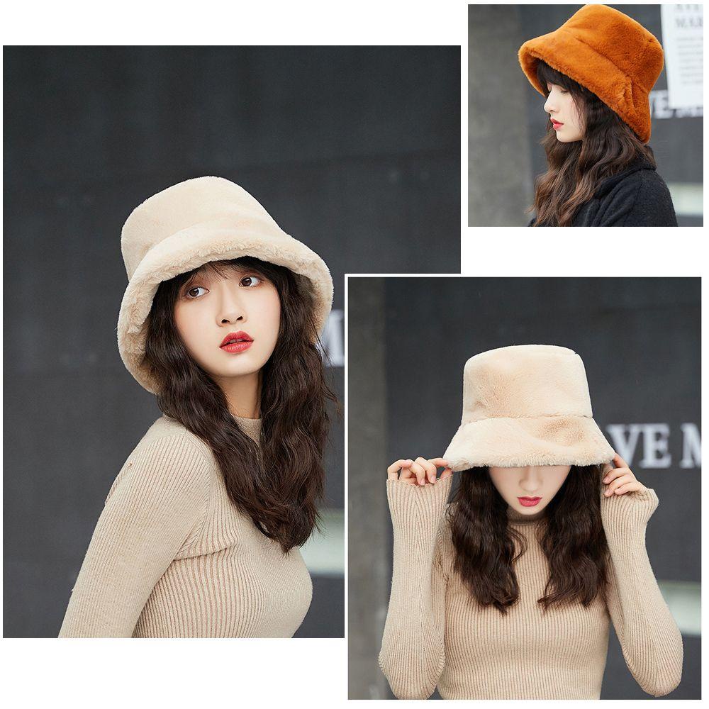 Mũ Bucket Lông Giả Mềm Mại Màu Trơn Thời Trang Mùa Đông Xinh Xắn