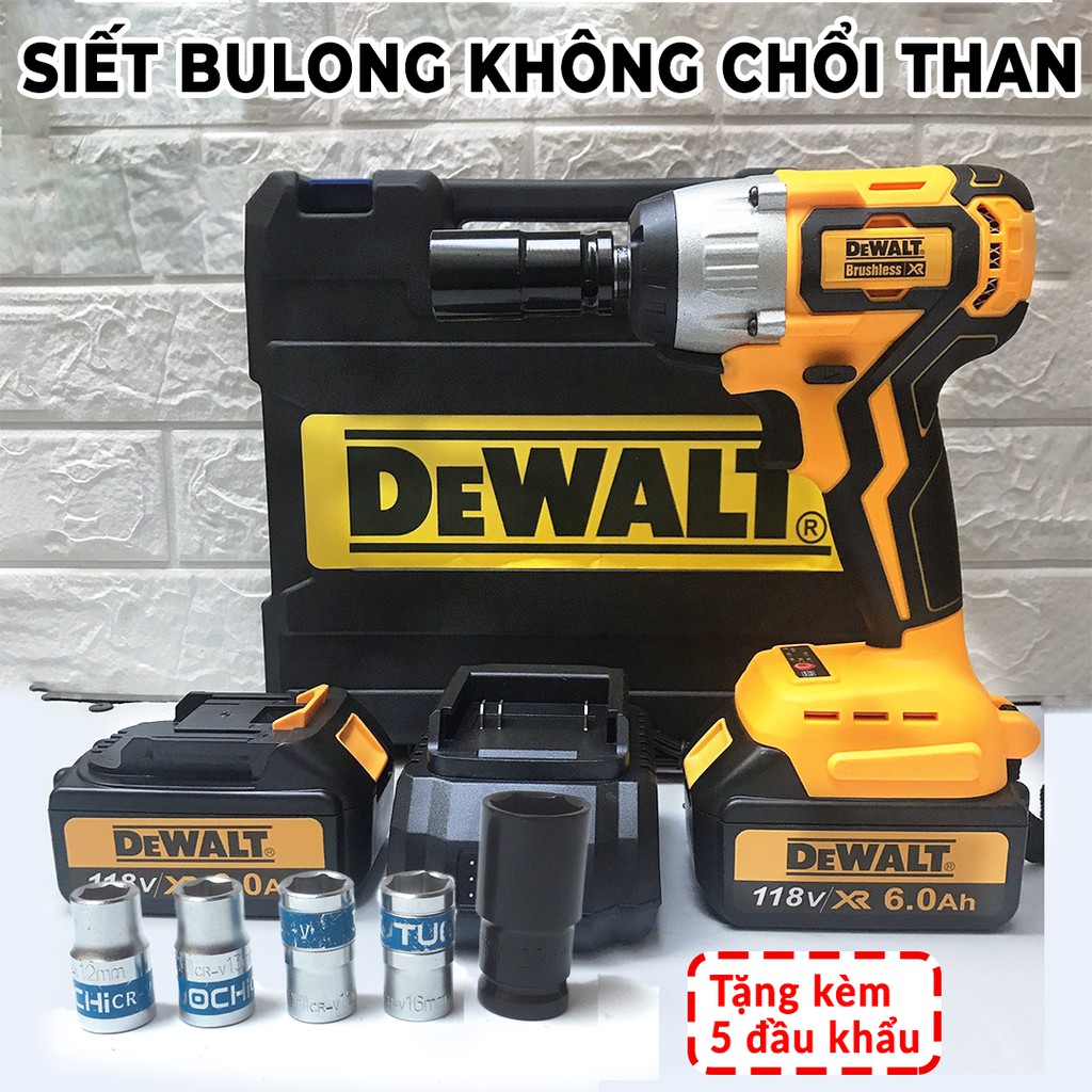 [Hàng loại 1] Máy Siết Bulong Dewalt 118V Không Chổi Than -Tặng kèm 5 đầu khẩu - Có 3 đèn led