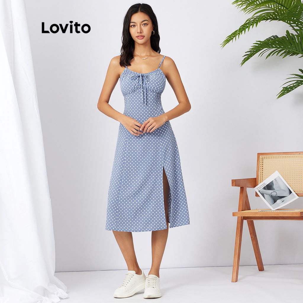 1221de-Lovito Thường xuyên Polka Dot Tie Split Front Spaghetti Straps Dress L21AS025 (Blue)