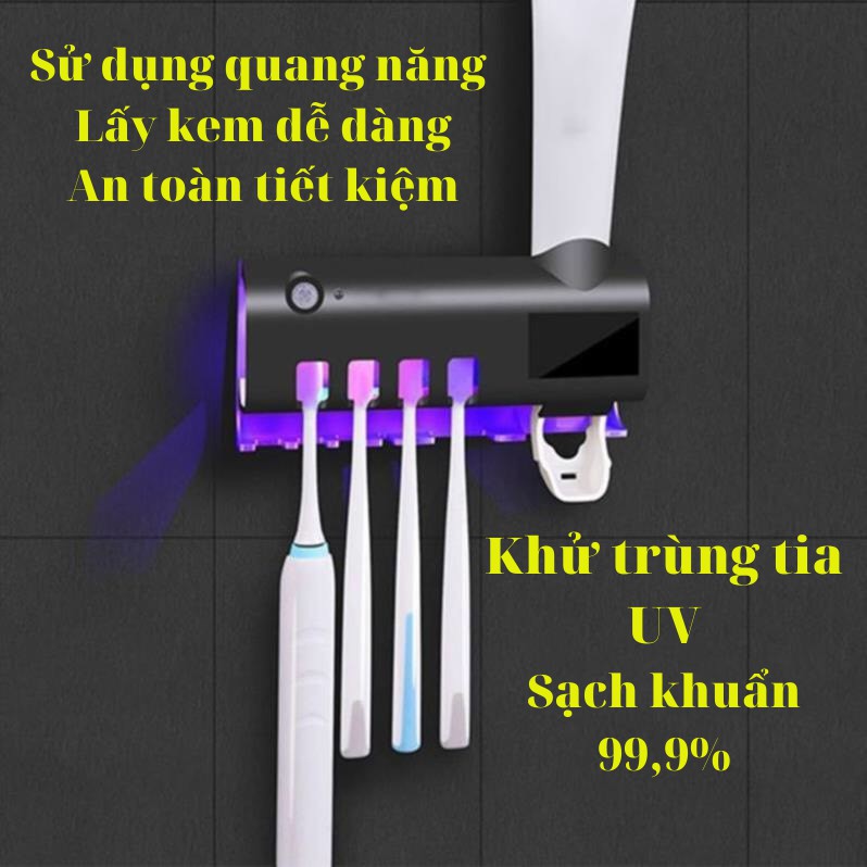 Giá Treo Bàn Chải Đánh Răng Kết Hợp Nhả Kem Được Trang Bị Khử Khuẩn Bằng Tia UV, Dán Tường Không Cần Đục Lỗ