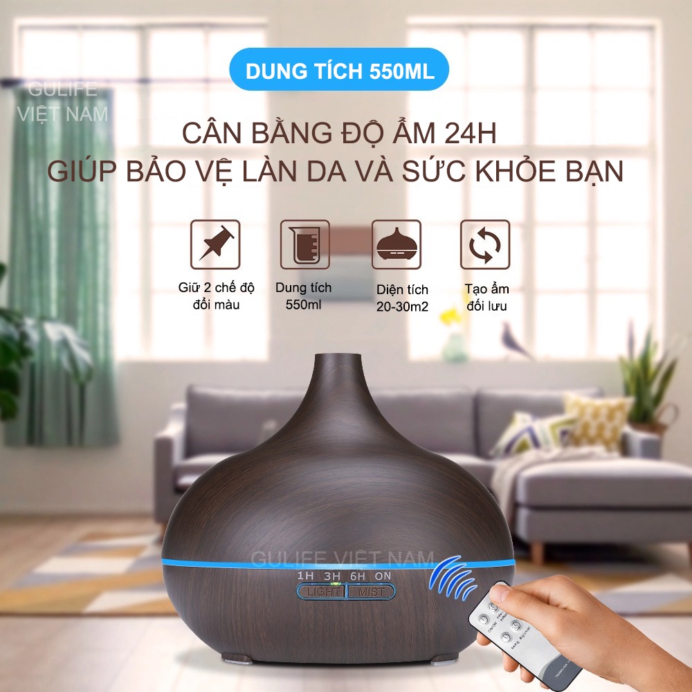 Máy Xông Tinh Dầu Hồ Lô 550ml GULIFE - MKT38, Kèm Quà Tặng + Remote, Cân Bằng Độ Ẩm &amp; Làm Thơm Phòng  – BH 12 Tháng