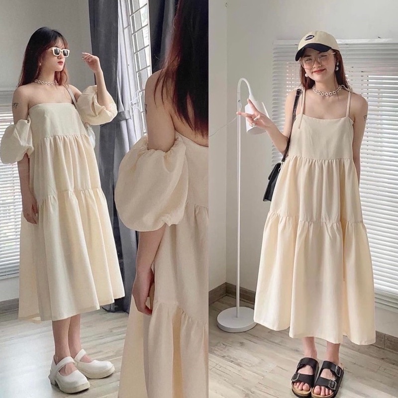 Đầm Babydoll 2 Dây Cột Nơ Tay Bồng Tháo Rời Phối Nhiều Kiểu Mặc Đi Học Đi Chơi Đi Tiệc