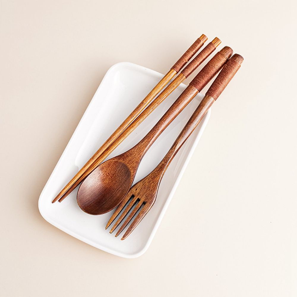 Bộ muỗng nĩa đũa bằng gỗ tay cầm dài phong cách Nhật Bản