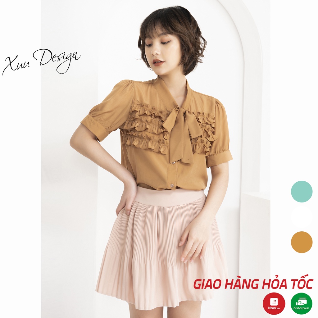Áo sơ mi nữ công sở Xuu, chất vải lụa hàn cộc tay thắt nơ nữ tính TK21.05