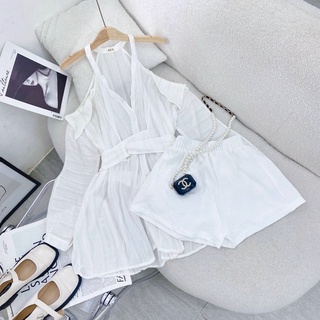 SET ĐẦM SƠ MI CUT OUT VAI CHÉO EO + SHORT [kèm ảnh thật ]