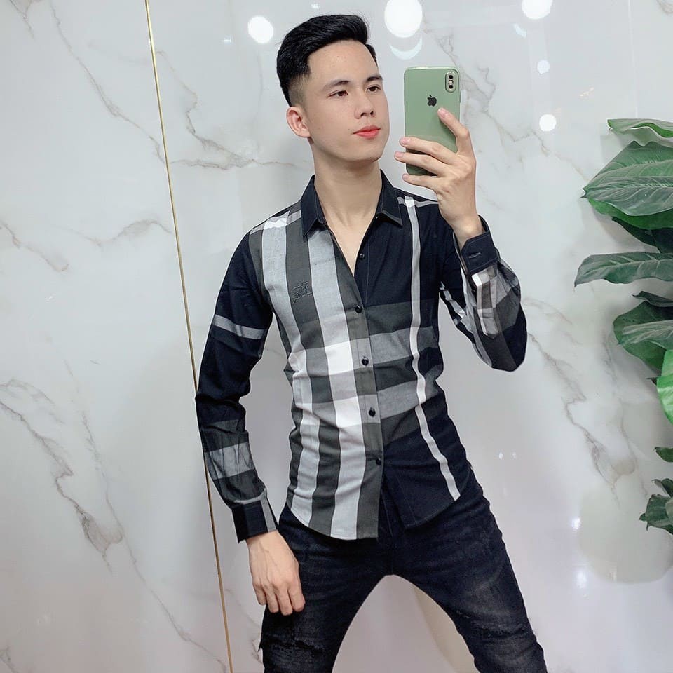 Áo sơ mi bbr nam dài tay Caro Kẻ Sọc Dáng Ôm Vải Cotton Mềm Mịn Không Nhăn Thấm Hút Mồ Hôi