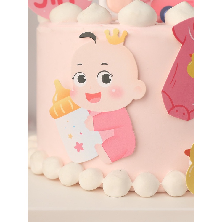 Set que cắm em bé ôm bình sữa hồng baby_Phụ kiện trang trí bánh