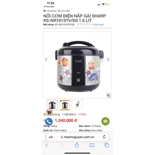 Nồi cơm điện Sharp 2.2 lít KS-R231STV- chính hãng hàng trưng bày SX THAILAN hàng trưng bày, dung tích 2.2 lít nấu