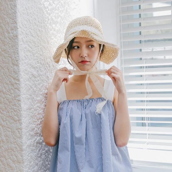 Mũ Cói Mềm Phối Ruy Băng Thắt Nơ Phong Cách Tiểu Thư Xinh Xắn Đi Biển mùa hè