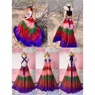 (miễn phí chỉnh váy) đầm maxi yếm ombre mix màu loang nhiều màu thổ cẩm boho đi biển du lịch chụp hình sống ảo cao cấp