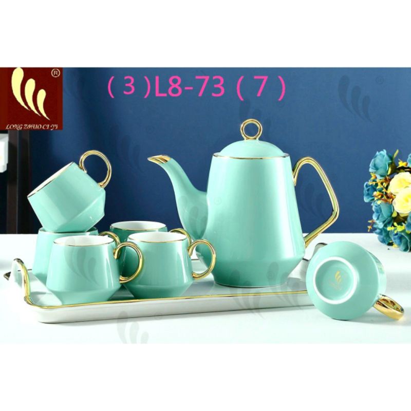 Bộ ấm chén pha trà cafe xanh ngọc viền vàng kèm khay