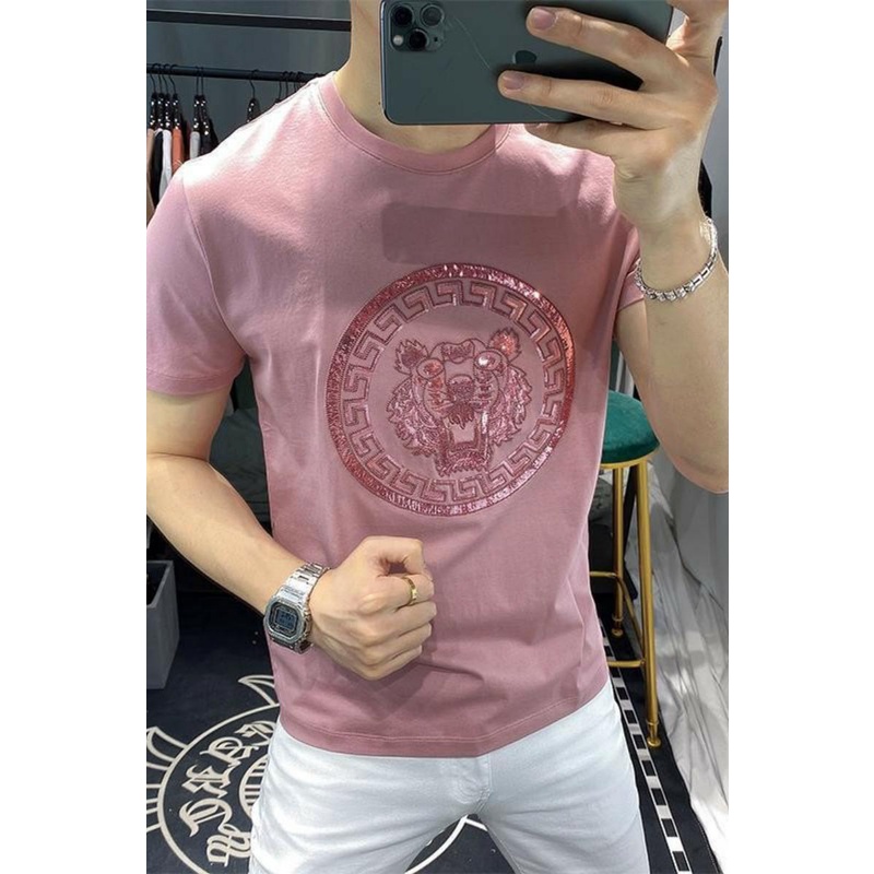 Áo Thun Nam Ngắn Tay Cổ Tròn Thêu Hình Đầu Hổ Phong Cách Châu Âu