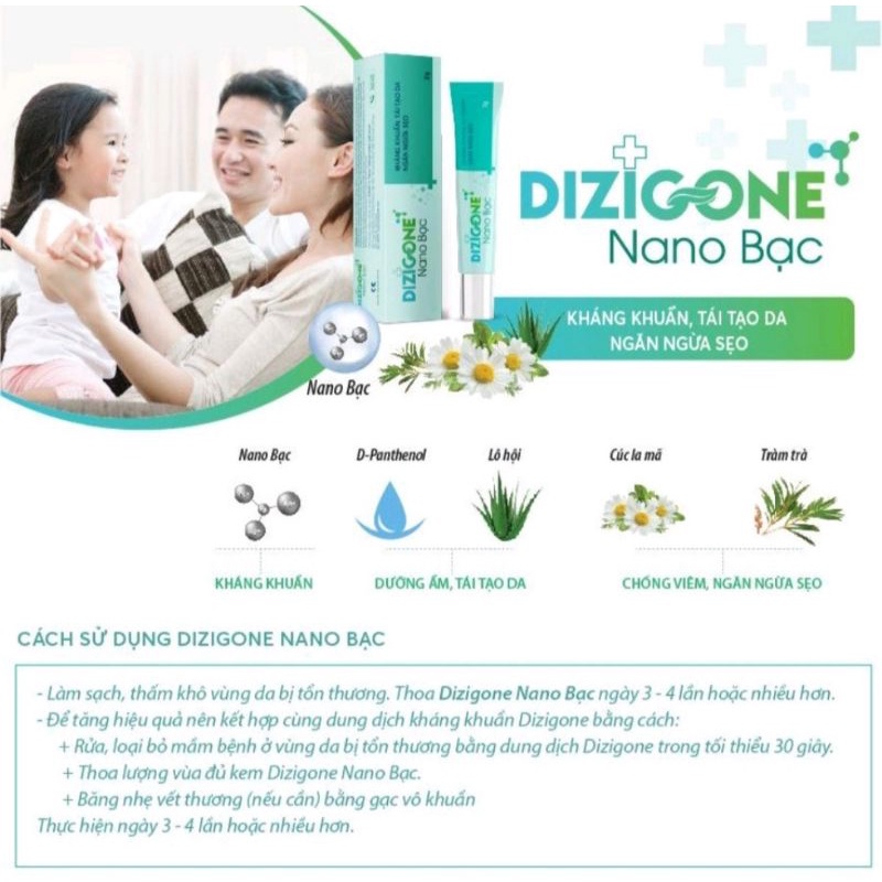 Dizigone nano bạc ⚡ Tặng quà ⚡ Tuýp 25g Giúp kháng khuẩn, lành vết thương, tái tạo da, ngăn ngừa sẹo