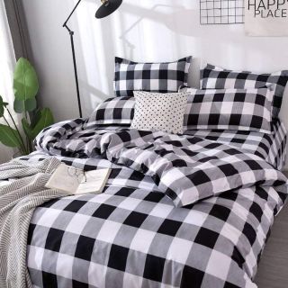 Bộ vỏ ga gối cotton caro trắng đen