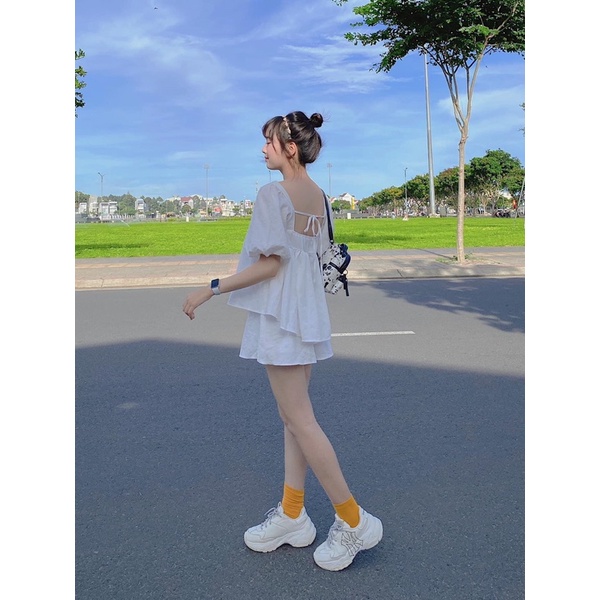 Set bộ áo babydoll và quần short màu trắng