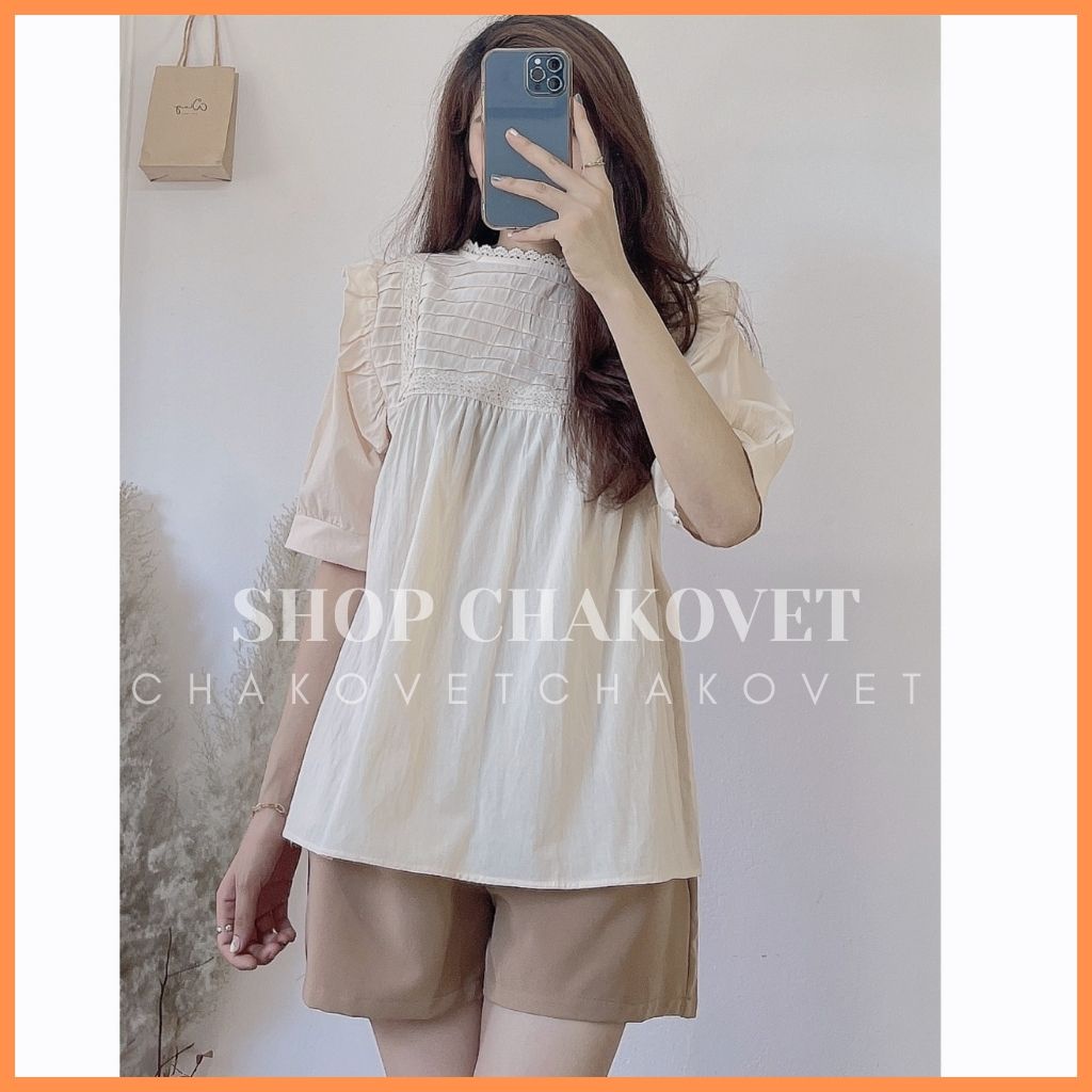 Áo babydoll xếp ly ngực dịu dàng  viền bèo CKA854, kiểu Áo sơ mi nữ ngắn tay cổ tròn 2 màu Be và Trắng