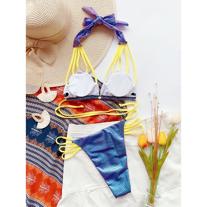 [BKN843] &lt;ÂU&gt; SET BIKINI XANH MIX DÂY VÀNG DA BÓNG