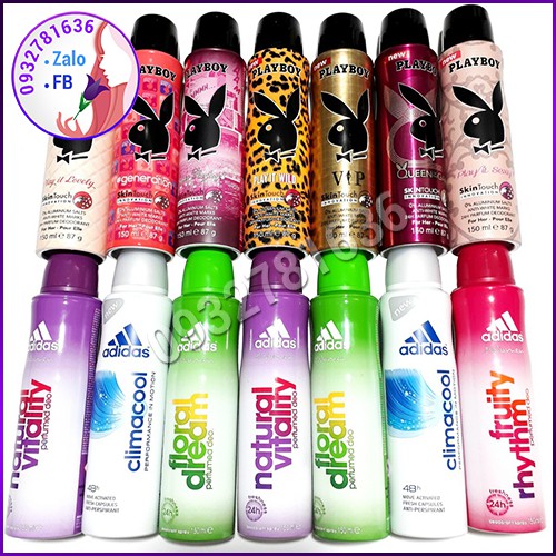 Combo xịt khử mùi nữ adidas + playboy