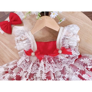váy ren đỏ 3 tầng cho bé