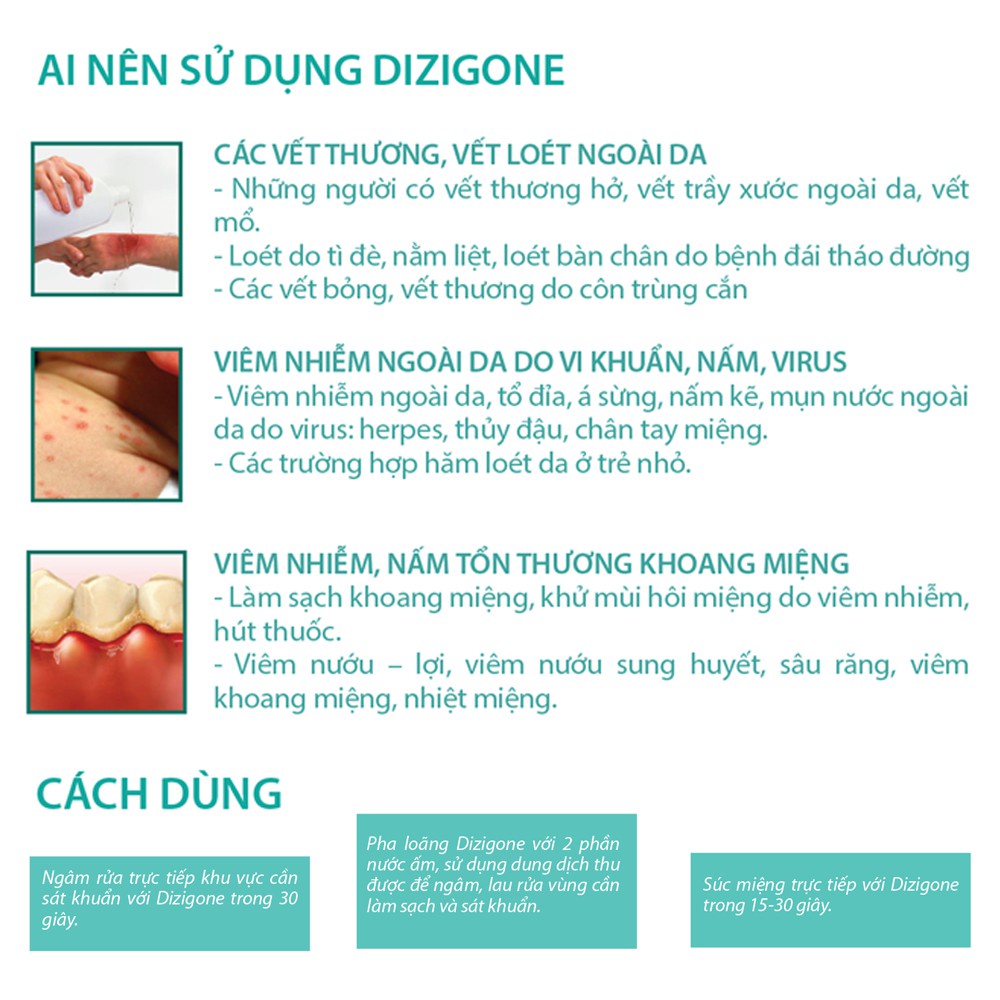 Dung dịch Dizigone - Kháng khuẩn, lành vết thương, tái tạo da, ngăn ngừa sẹo (Lọ 300ml)