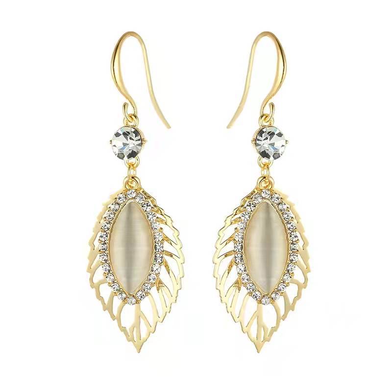 Bông Tai Chiếc Lá Đính Đá Opal Đơn Giản Thời Trang Hàn Quốc