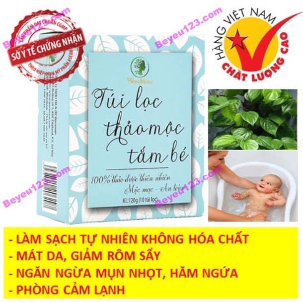 Hộp 10 túi lọc thảo dược tắm bé Wonmom - ngăn ngừa hăm ngứa, giảm rôm sẩy cho bé 120g (Việt Nam)