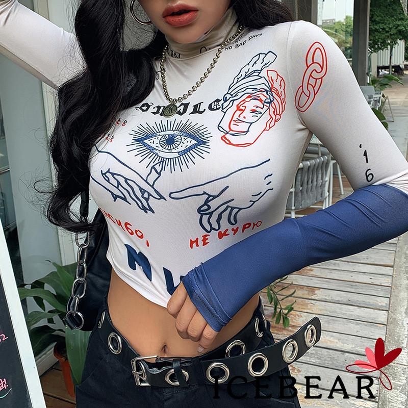 Áo Thun Tay Dài Cổ Cao Hoạ Tiết In Dành Cho Phái Nữ