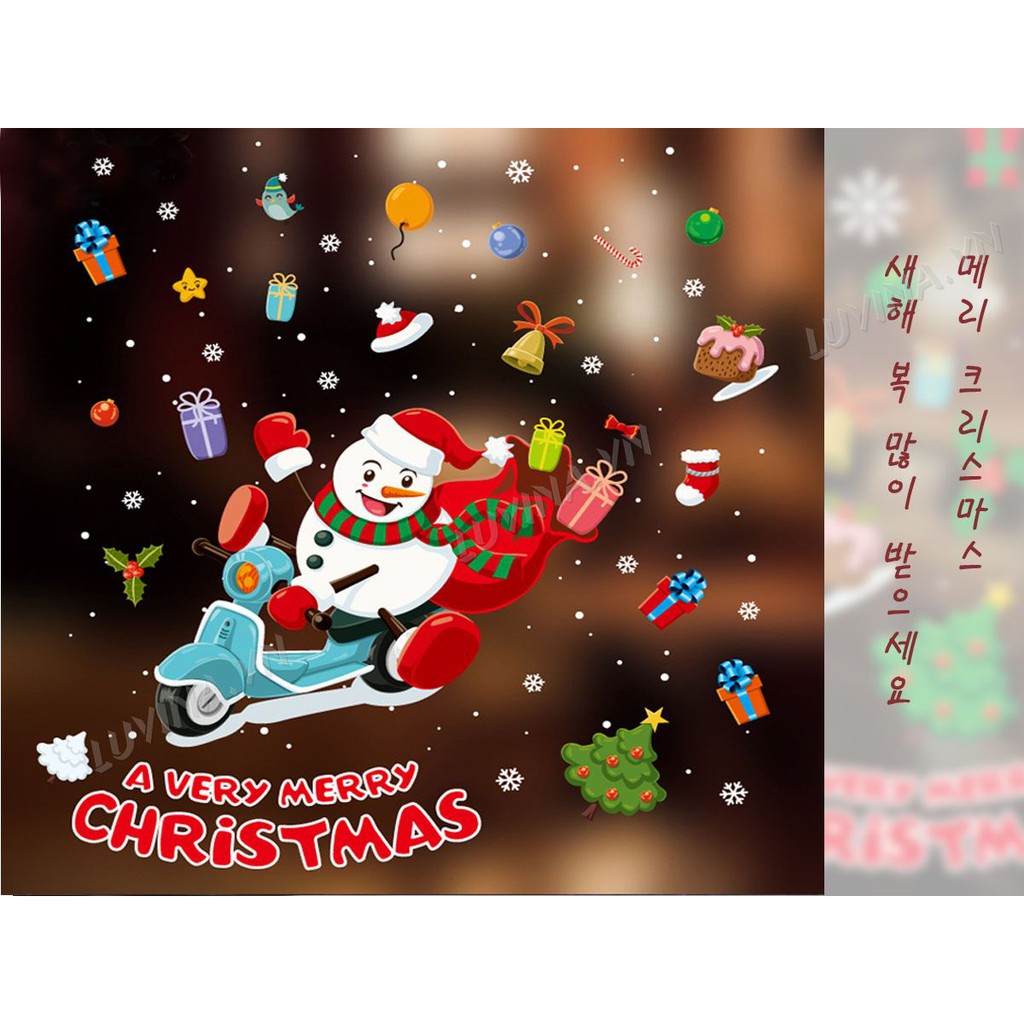 Decal dán kính noel Hàn Quốc- trang trí nhà cửa, văn phòng, quán cafe, cửa hàng-Ông già Noen lái xe máy