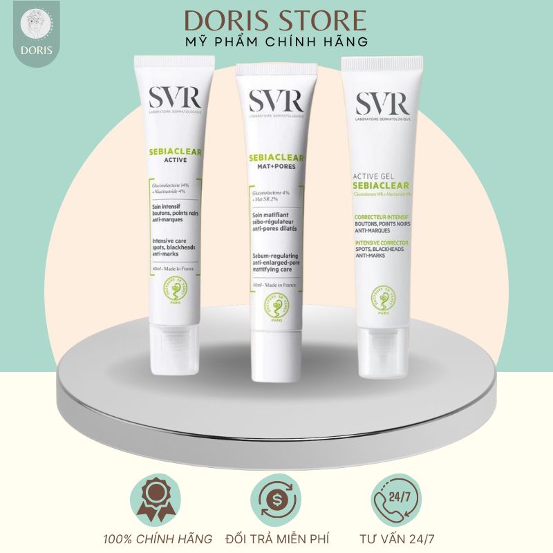 Kem dưỡng da làm giảm mụn, kiềm dầu, se lỗ chân lông SVR Sebialear Mat+Pores 40ml, Kem Dưỡng SVR Active Gel