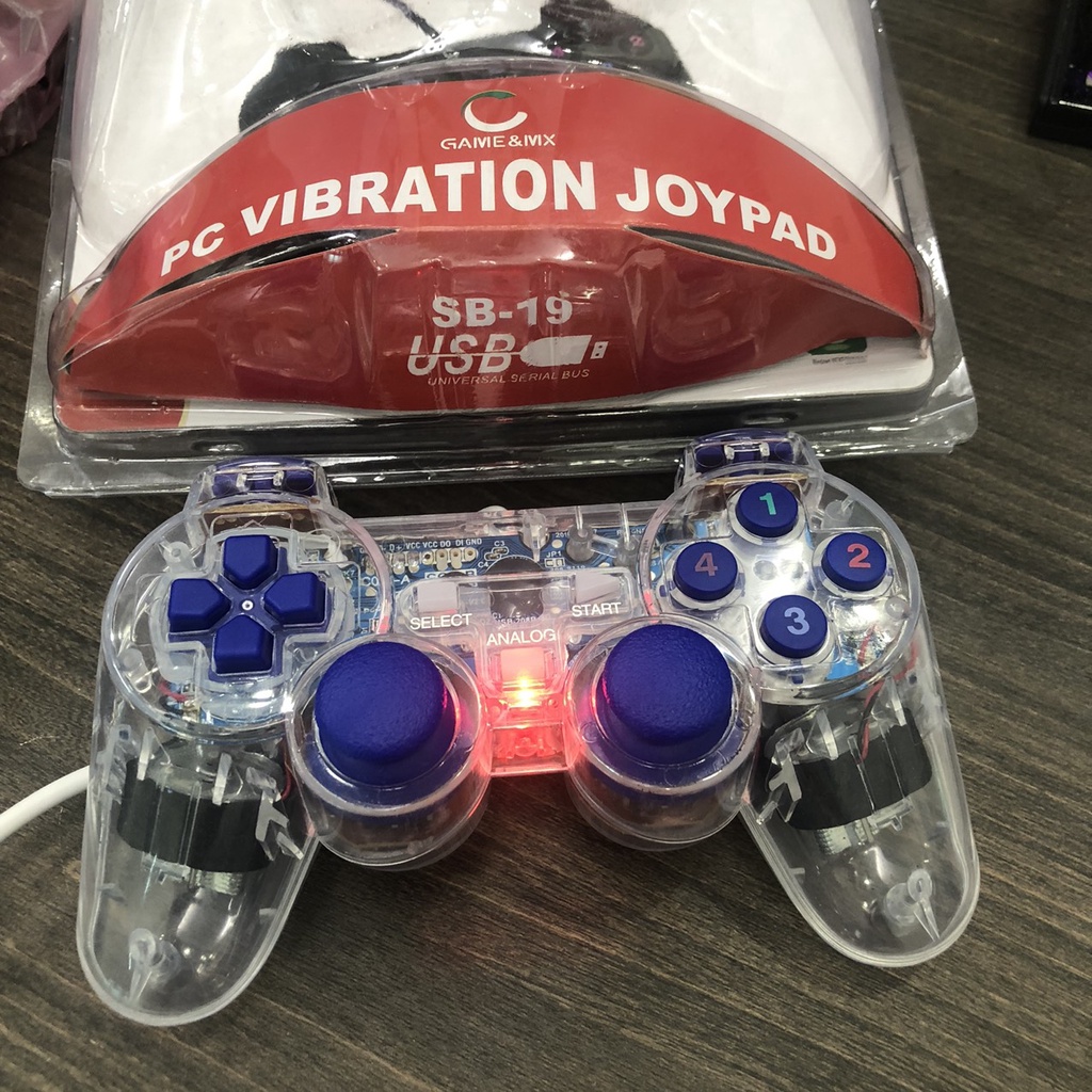 Tay cầm chơi game PC Cổng USB Có Đèn Led + Rung Trong Suốt SB-19 Chơi FO4, Genshin Impact, Pes 2022 -DC4824