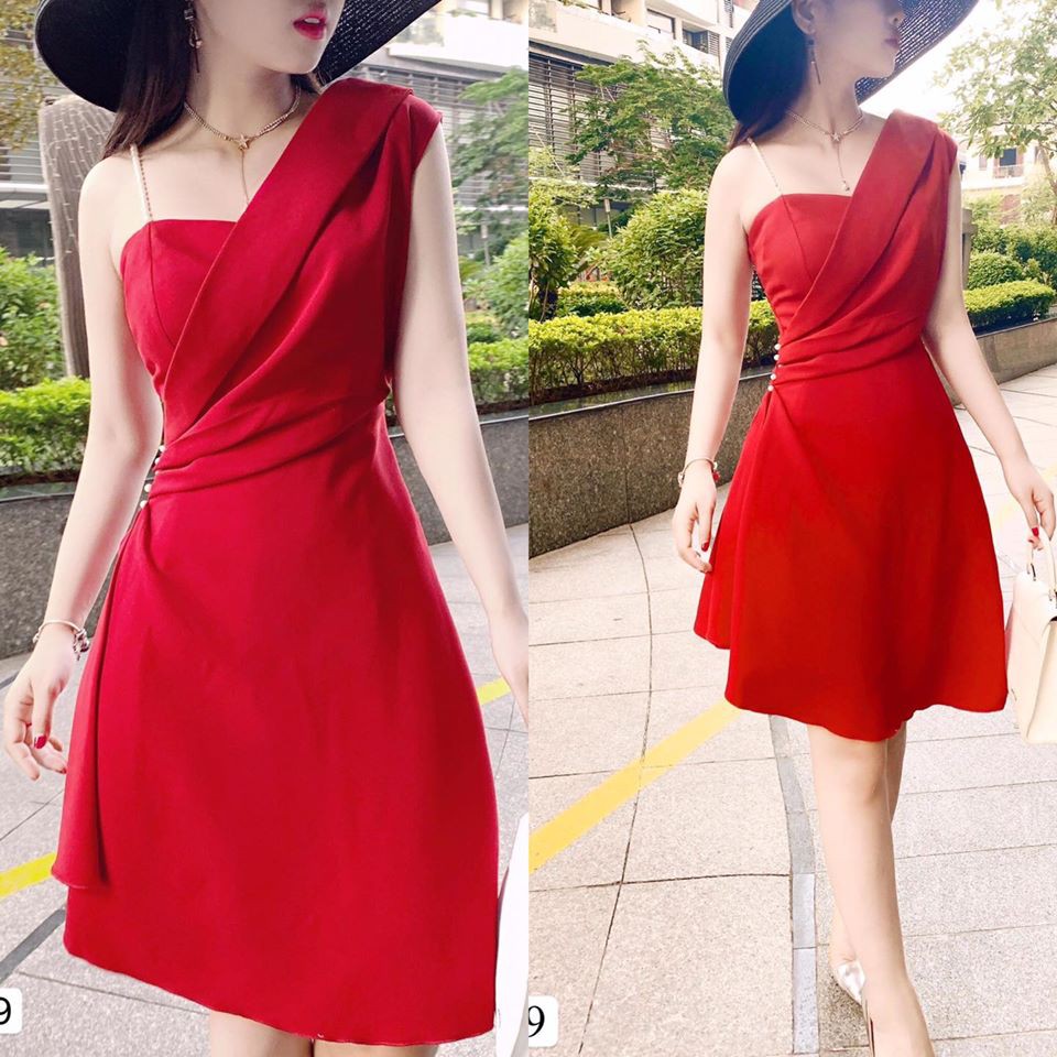 Váy đỏ lệch vai dây ngọc - DVC maidieuhuyen kèm ảnh thật và video do shop tự quay tự chụp V1349 | BigBuy360 - bigbuy360.vn