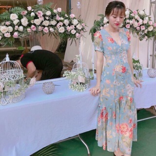 Váy Zara hoa xanh cổ chữ V