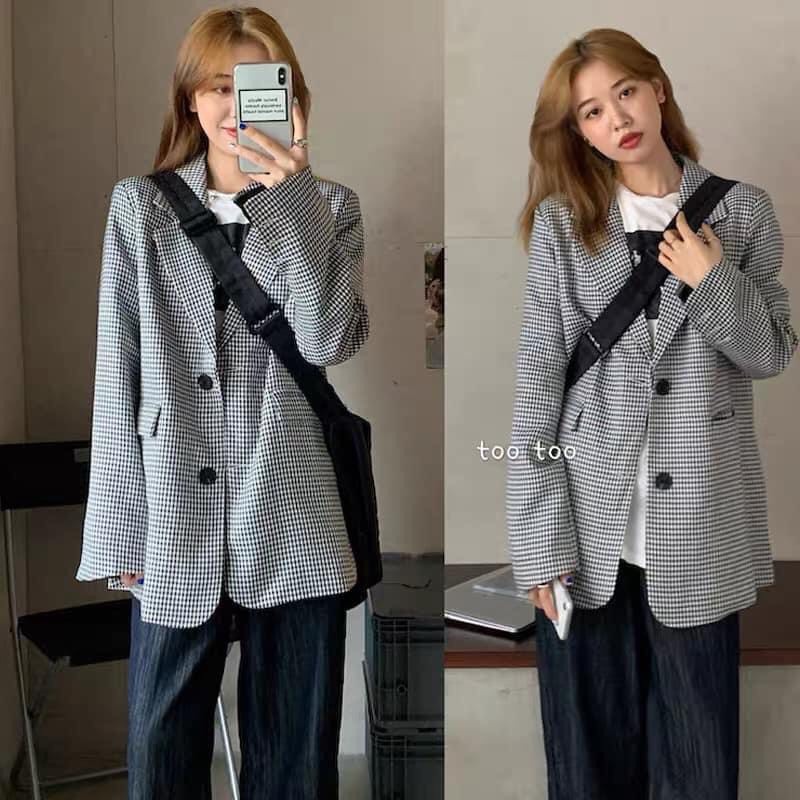 [Ảnh thật] Áo blazer dáng rộng kẻ caro 2 lớp phong cách Hàn Quốc - Áo vest kẻ form rộng