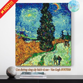 Tranh sơn dầu số hóa có khung DIY tự tô màu theo số CON ĐƯỜNG CÙNG CÂY BÁCH VÀ SAO-VAN GOGH SVNT018 ( Tranh phong cảnh )