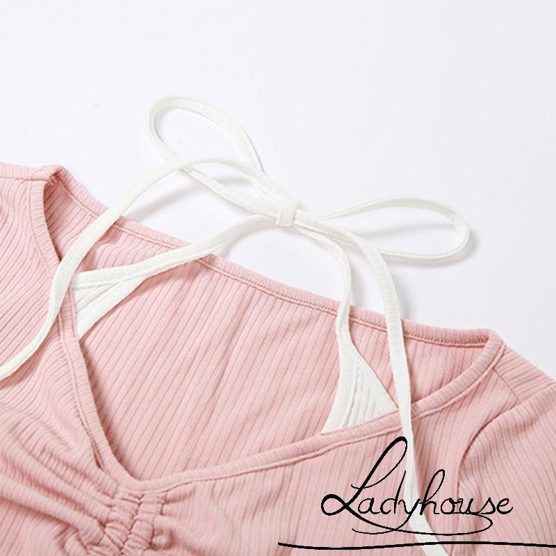 Áo Thun Crop Top Cổ Chữ V Tay Ngắn Dây Rút In Họa Tiết Chữ Dành Cho Nữ