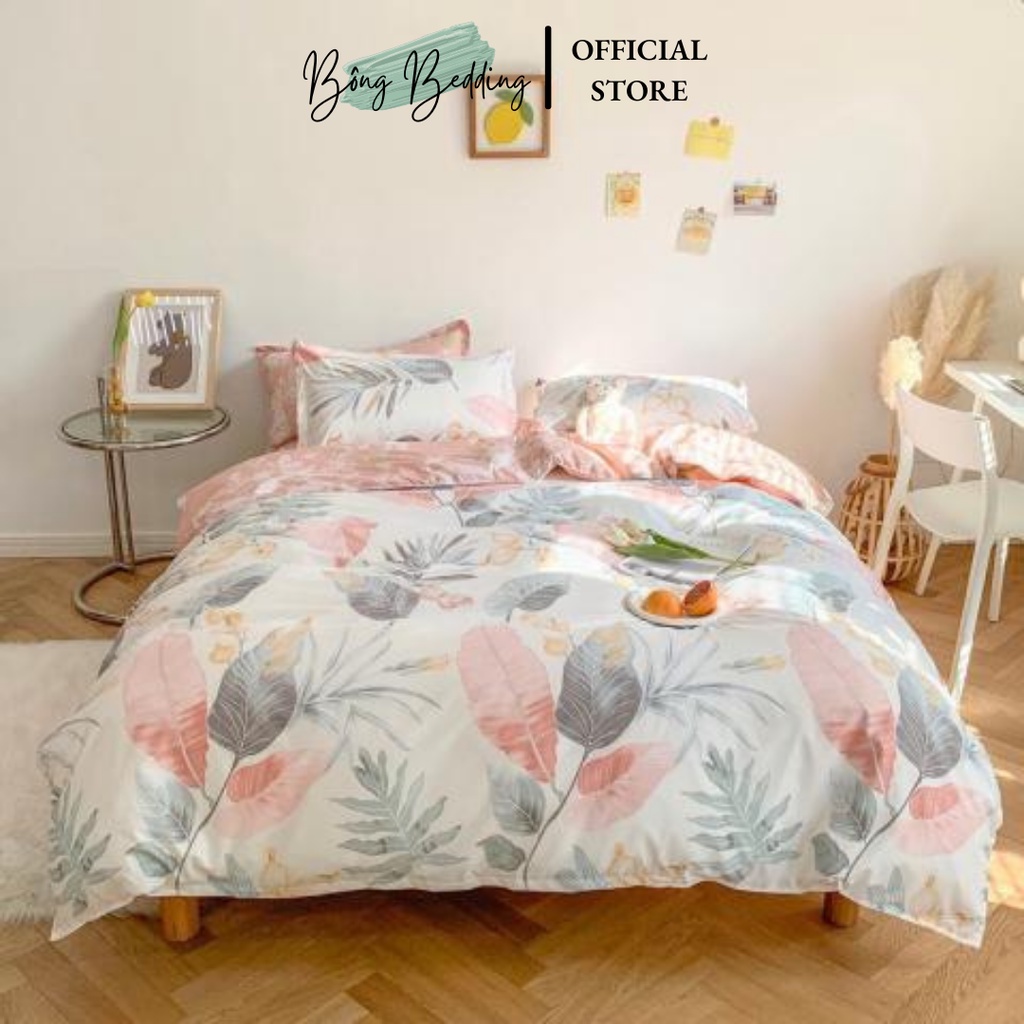 Bộ chăn ga Cotton poly hoa lá chăn ga Hàn Quốc đủ size miễn phí bo chun
