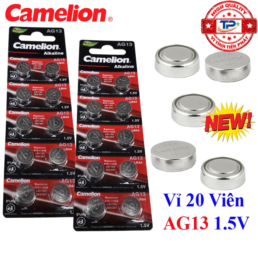 Vỉ 20 viên Pin nút AG13 / LR44 Camelion Alkaline 1.5 V (mẫu mới)