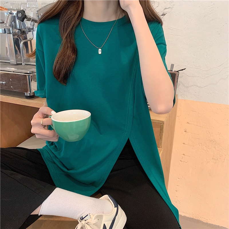 SUXI Áo thun nữ tay ngắn dáng rộng màu trơn thời trang mùa hè