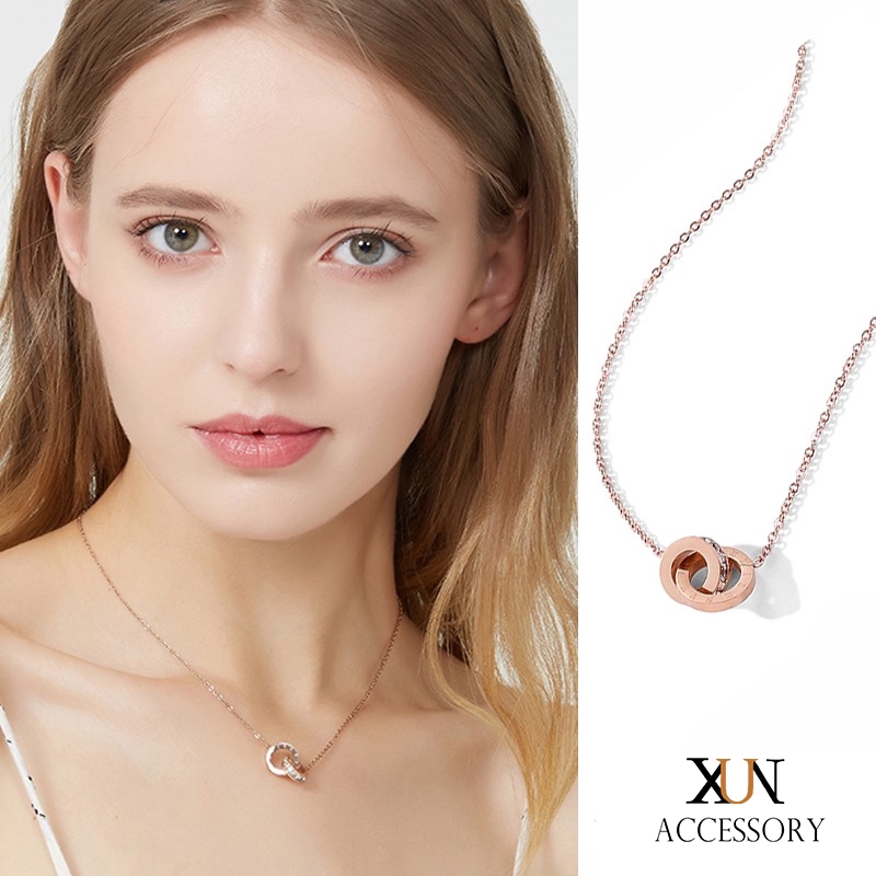 Dây Chuyền Thép Titan Mạ Vàng Hồng 18k Mặt Nhẫn Đôi Khắc Chữ La Mã
