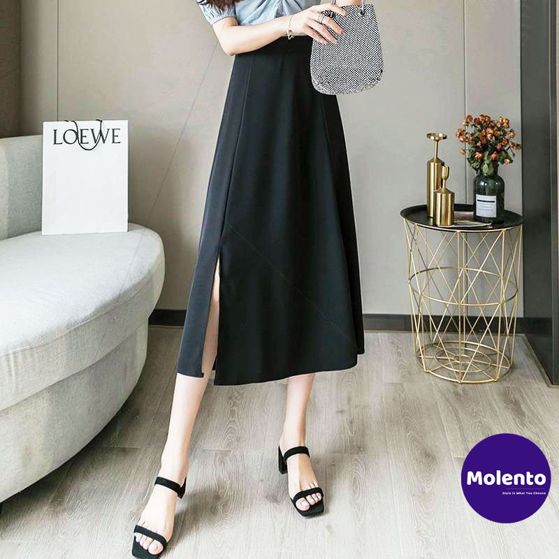 Chân váy xẻ tà Molento chân váy chữ a dài qua gối xẻ trước cá tính phong cách Hàn Quốc hai màu trắng, đen - M25 | BigBuy360 - bigbuy360.vn