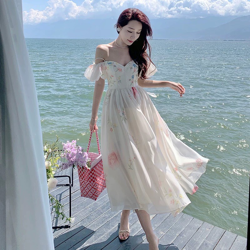 Đầm 2 dây voan hoa bẹt vai