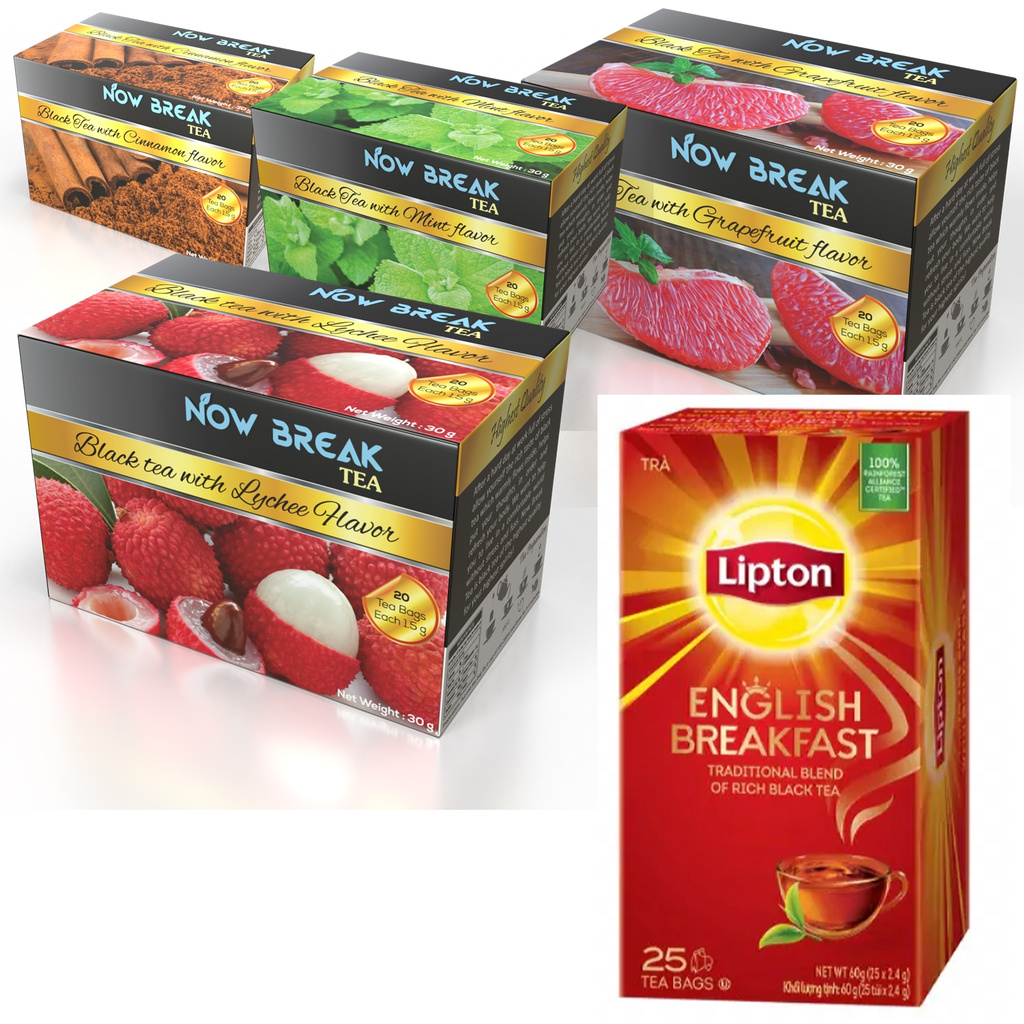 Trà Lipton English Breakfast 60G (2.4G x 25 Gói) + 08 túi trà túi lọc Now Break Tea (2 gói lẻ x VẢI, BƯỞI, BẠC HÀ, QUẾ)